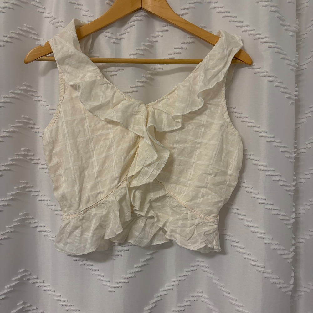 Arizona Jean Co Cream Plaid Ruffle Smocked Back Crop Top Sleeveless Large